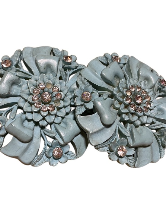 Featherweights Jewelry - Vintage Featherweights 2.5" Turquoise Floral Rhinestone Clip-On Earrings